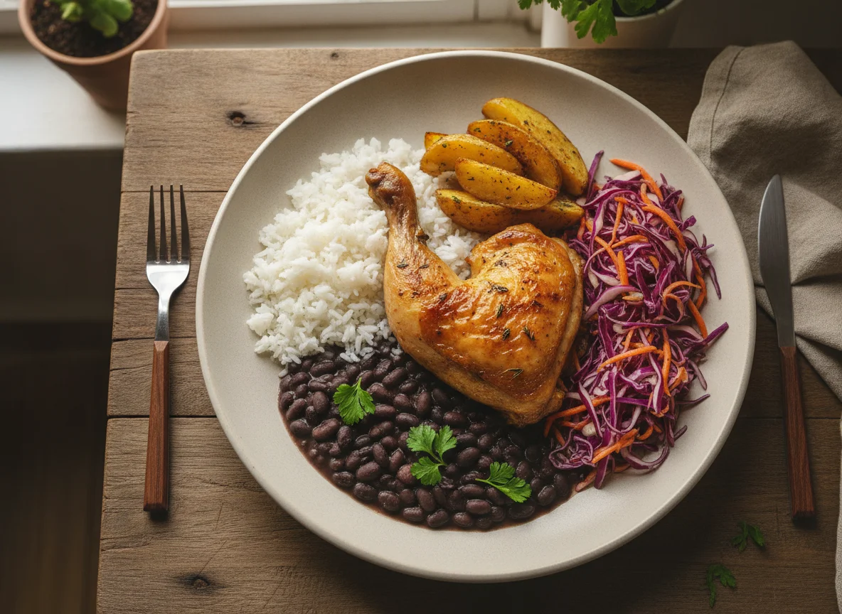 Frango assado com arroz, feijão, batata e salada de repolho roxo photo