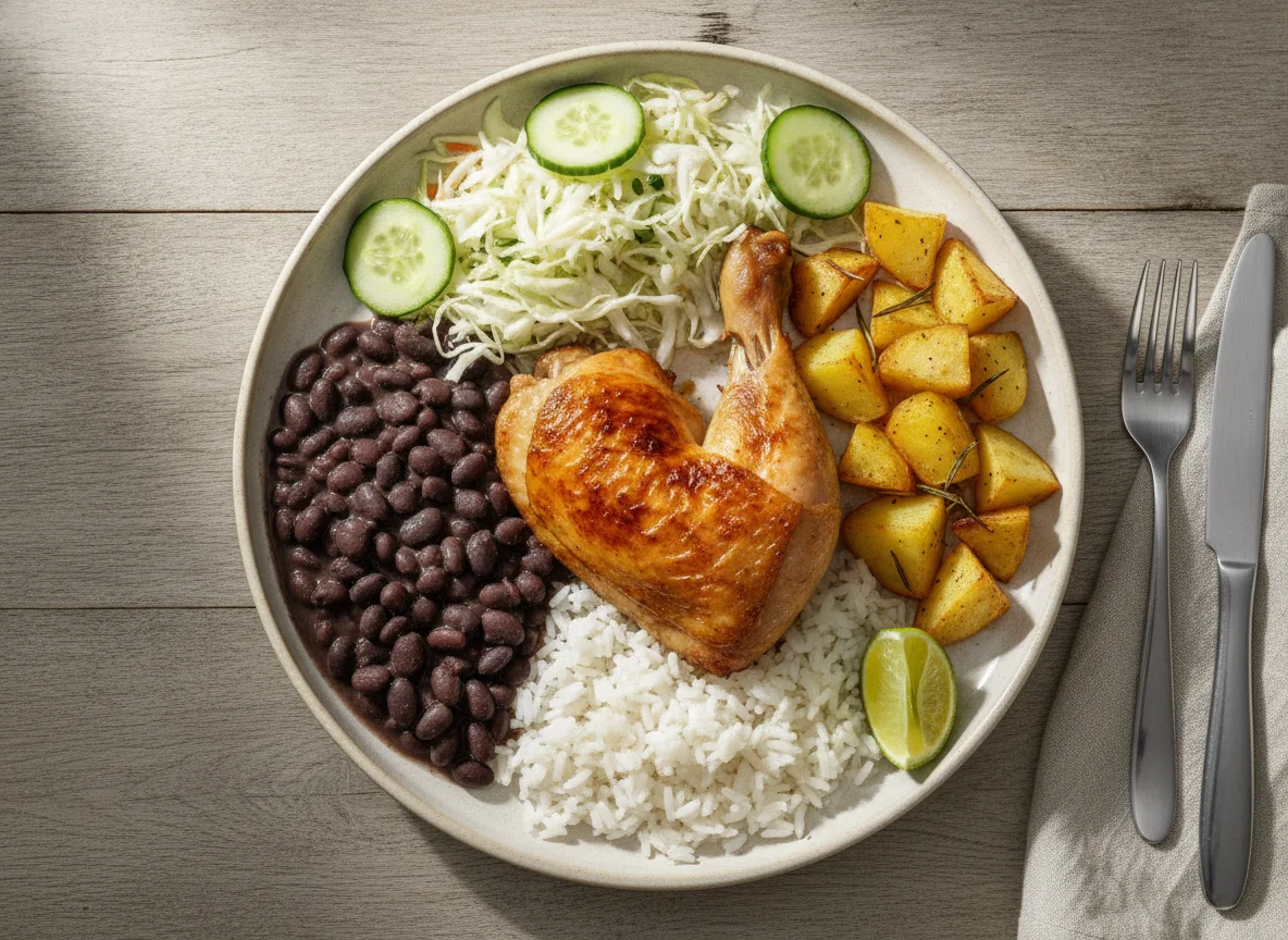 Frango assado com arroz, feijão, batatas e salada photo