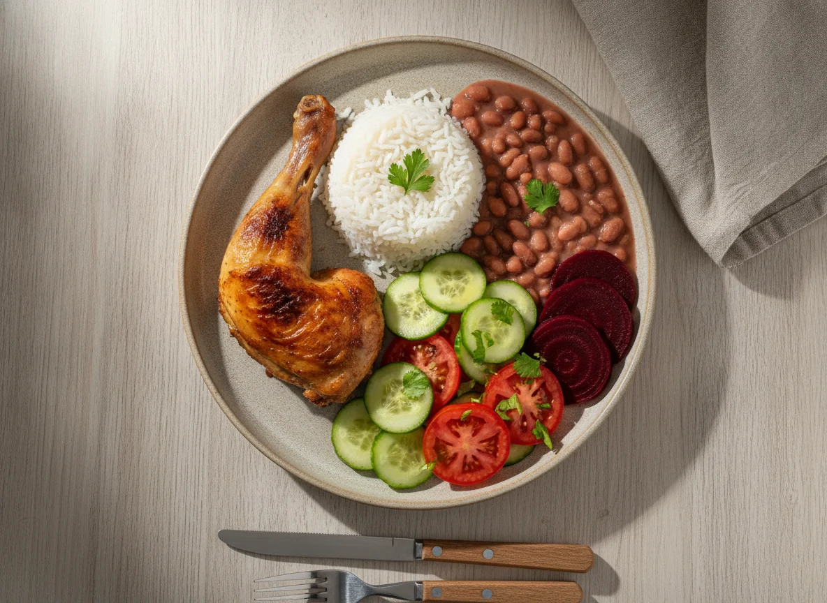 Frango assado com arroz, feijão, beterraba e salada photo