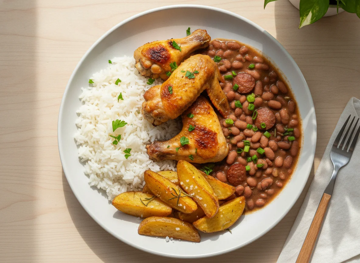 Frango assado com arroz, feijão e batatas photo