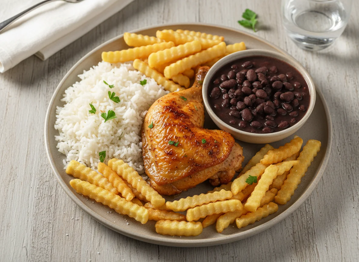 Frango assado com arroz, feijão e batatas fritas photo