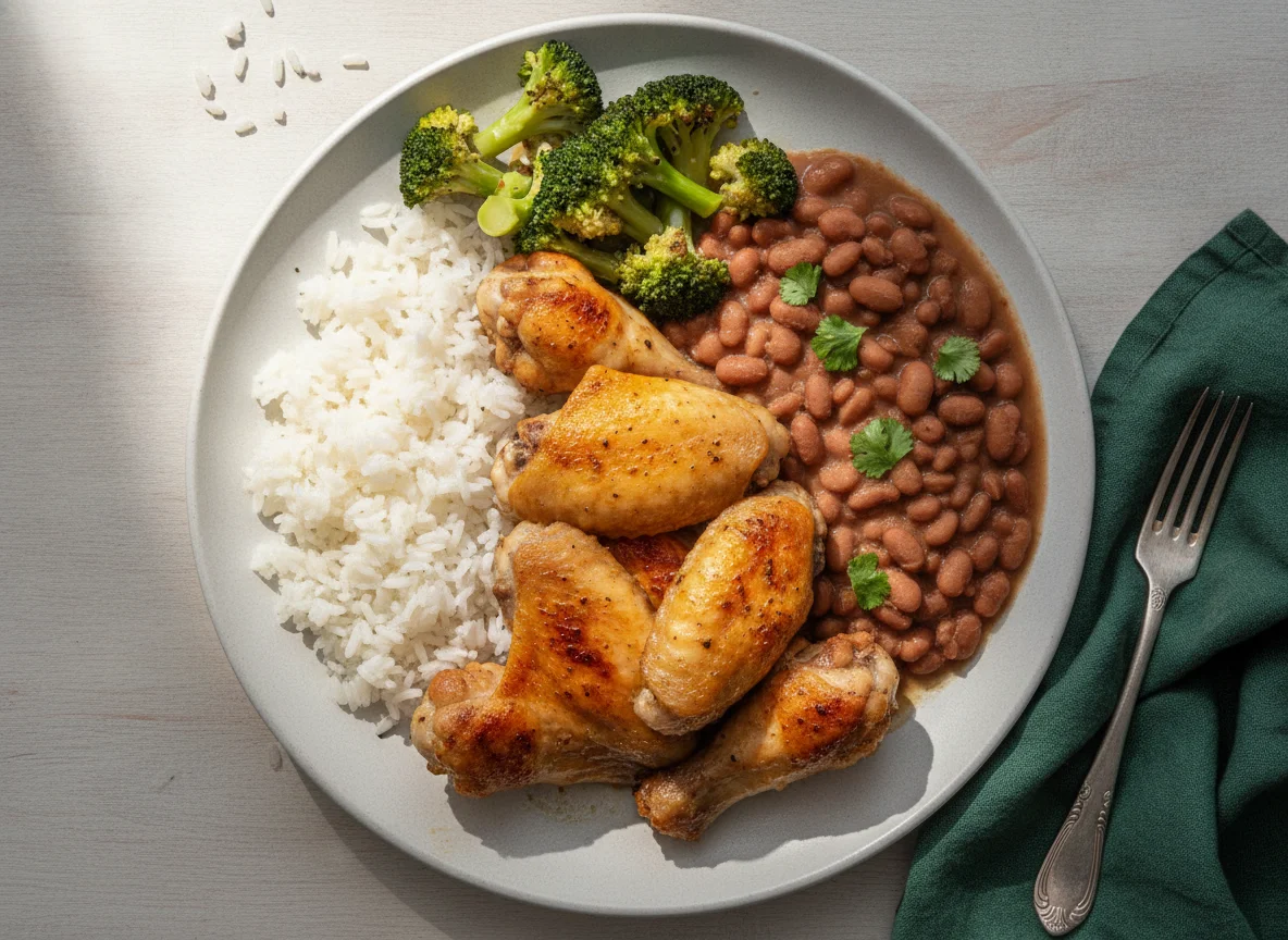 Frango assado com arroz, feijão e brócolis photo