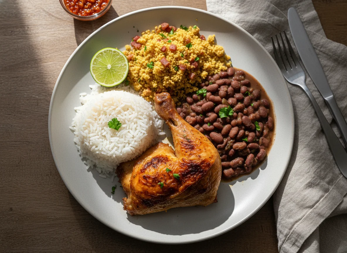 Frango assado com arroz, feijão e farofa photo
