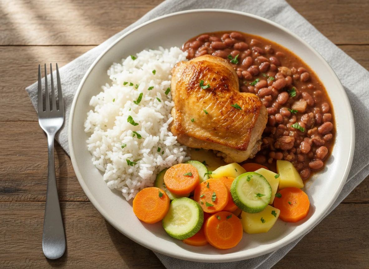 Frango assado com arroz, feijão e legumes photo