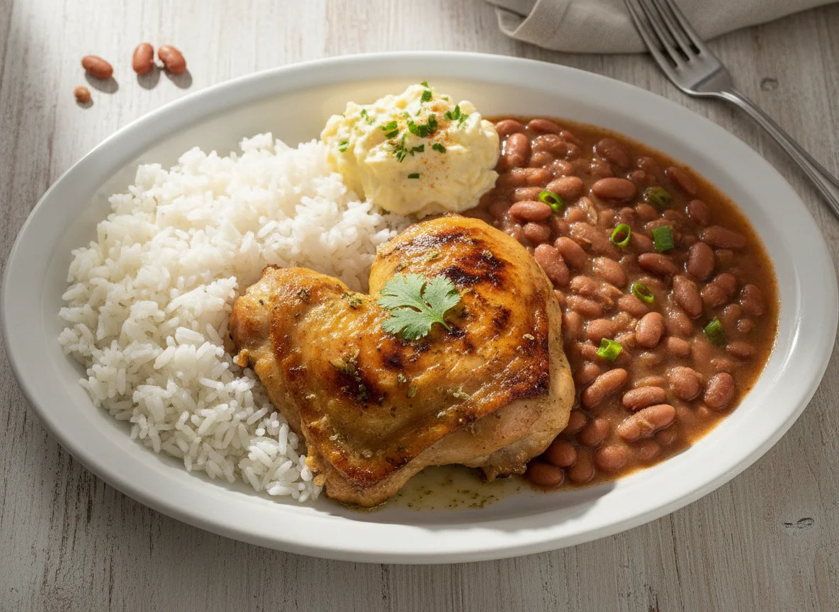 Frango assado com arroz, feijão e maionese photo