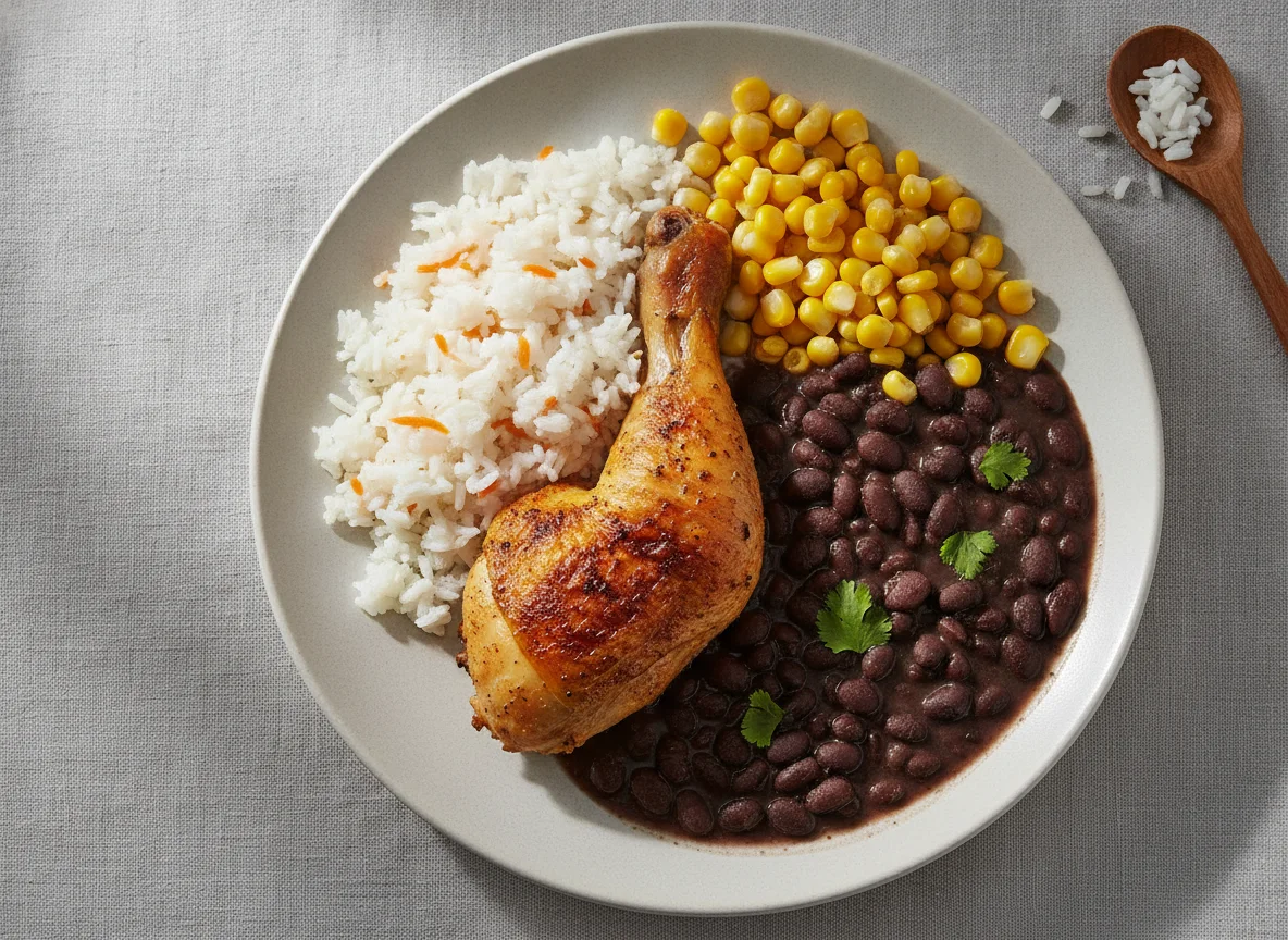 Frango assado com arroz, feijão e milho photo