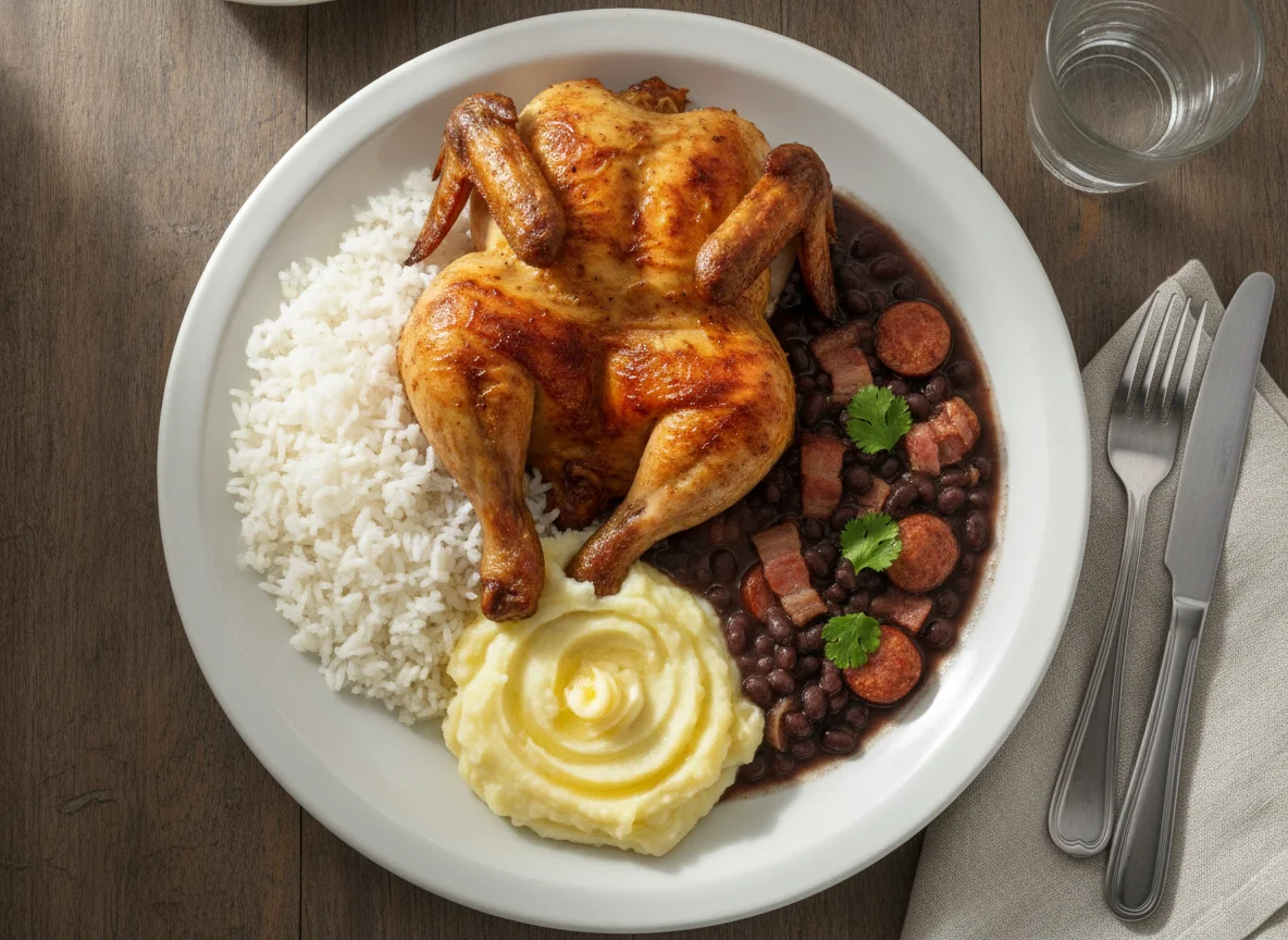 Frango assado com arroz, feijão e purê de batata photo