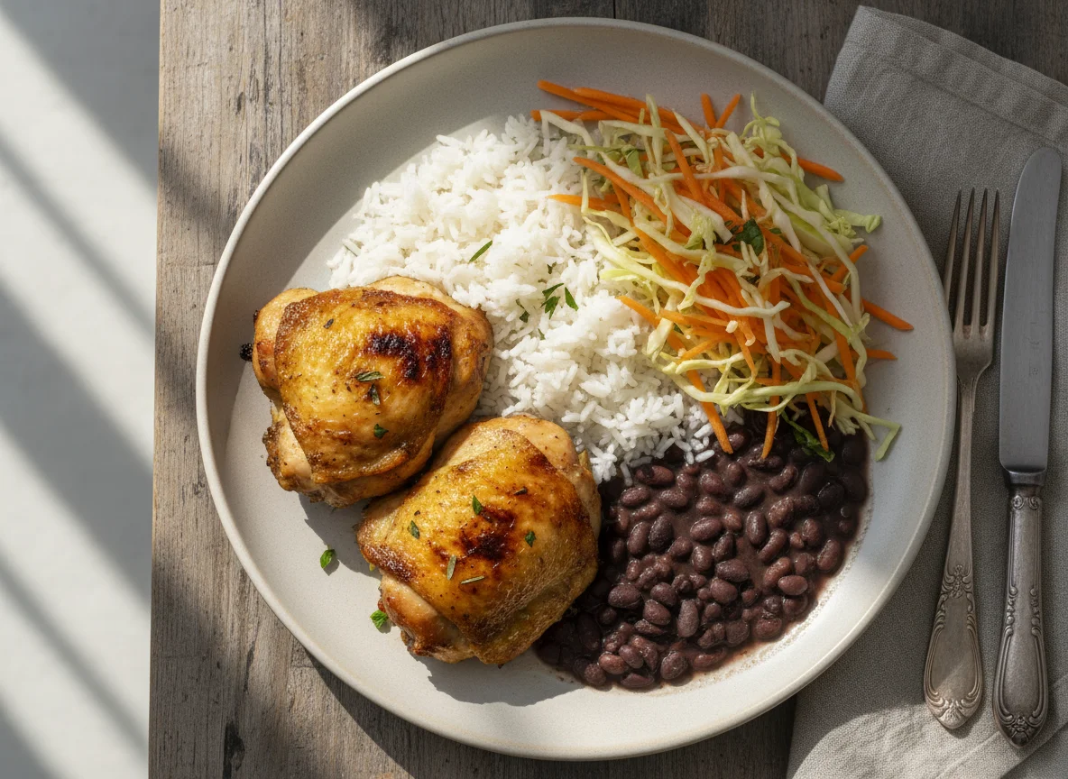 Frango assado com arroz, feijão e salada photo