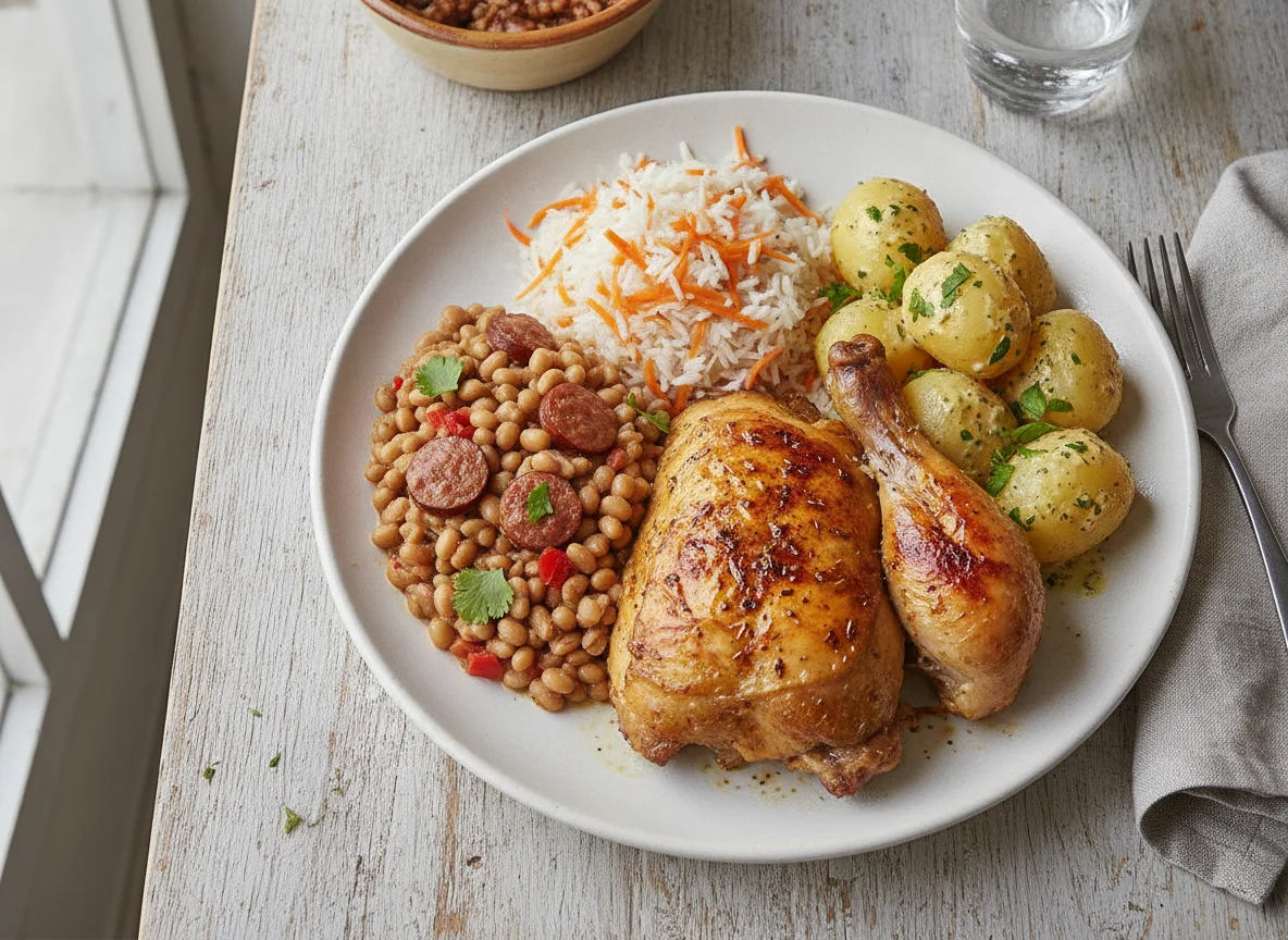 Frango assado com arroz, feijão fradinho e batatas photo