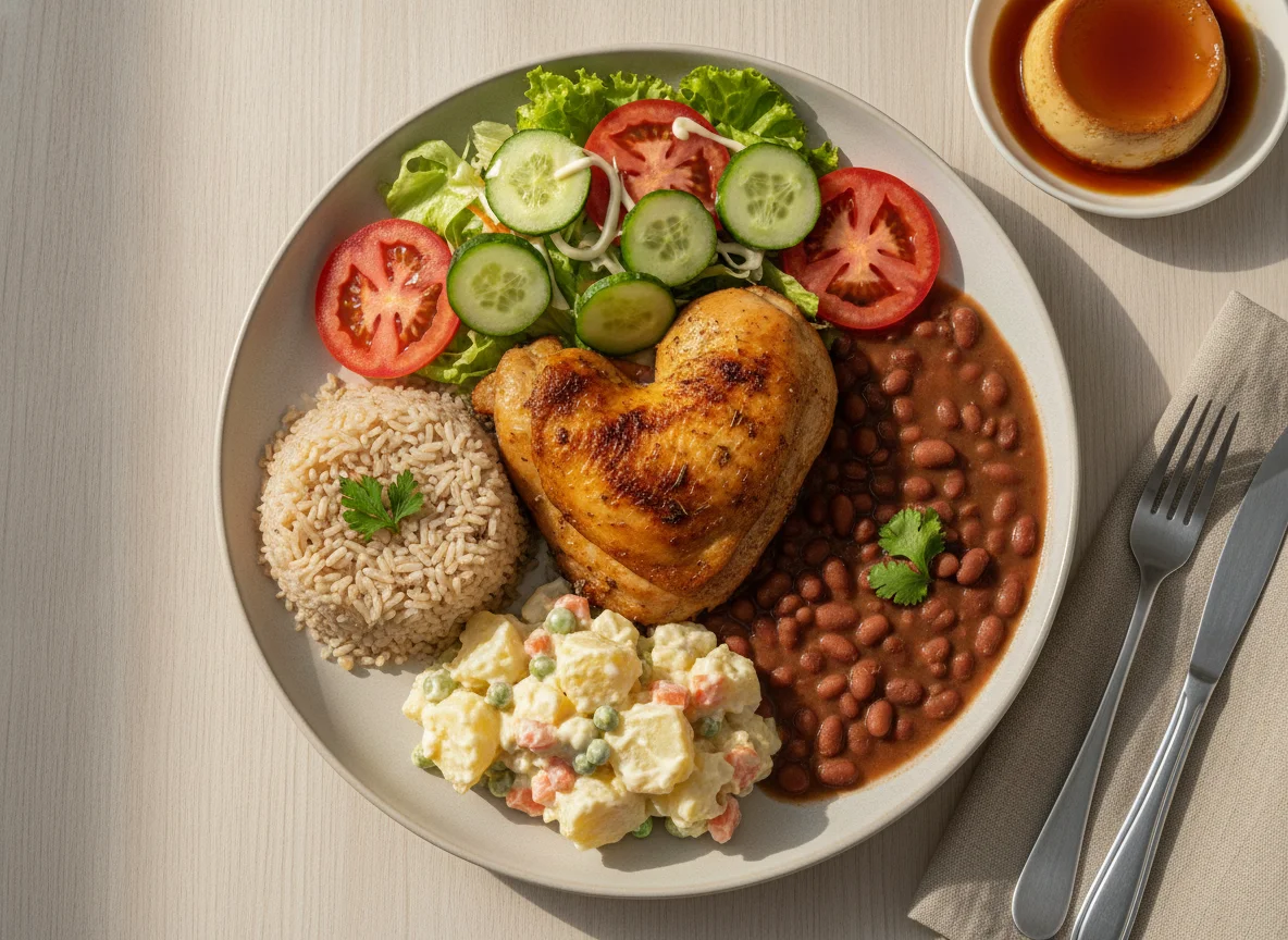 Frango assado com arroz, feijão, maionese de batata e salada photo
