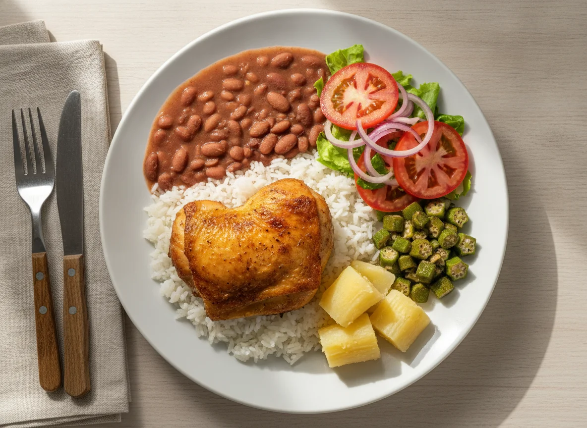 Frango assado com arroz, feijão, mandioca e salada photo