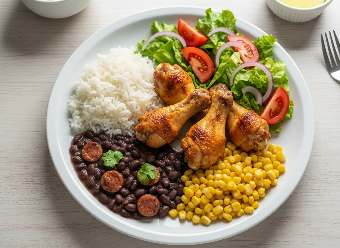 Frango assado com arroz, feijão, milho e salada photo