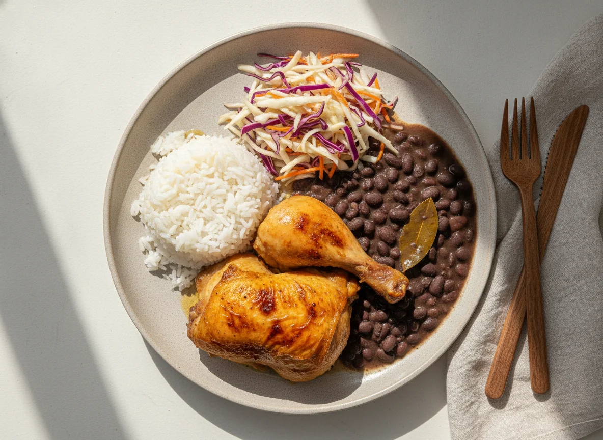 Frango assado com arroz, feijão preto e salada de repolho com cenoura photo