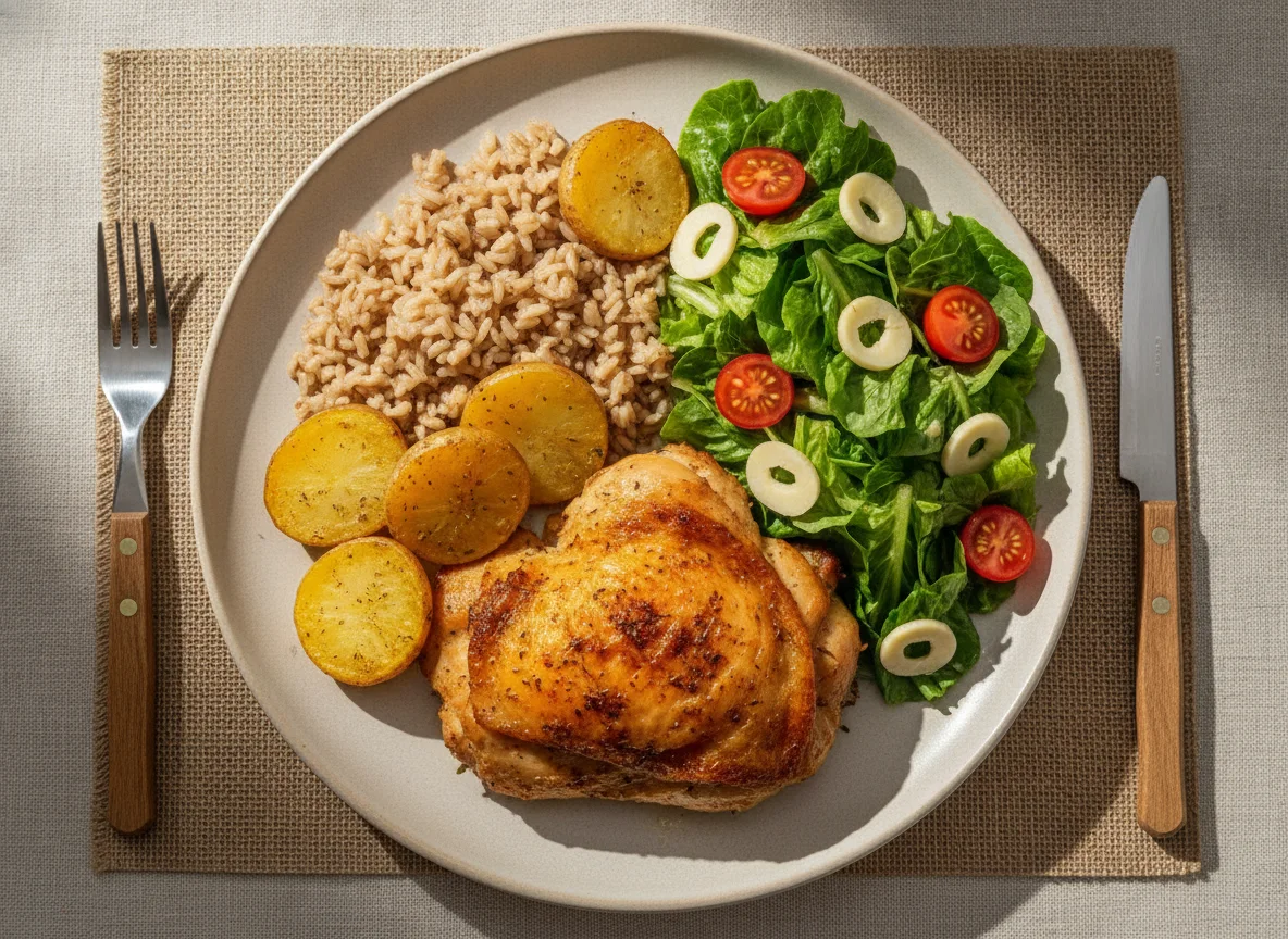 Frango assado com arroz integral, batatas e salada photo
