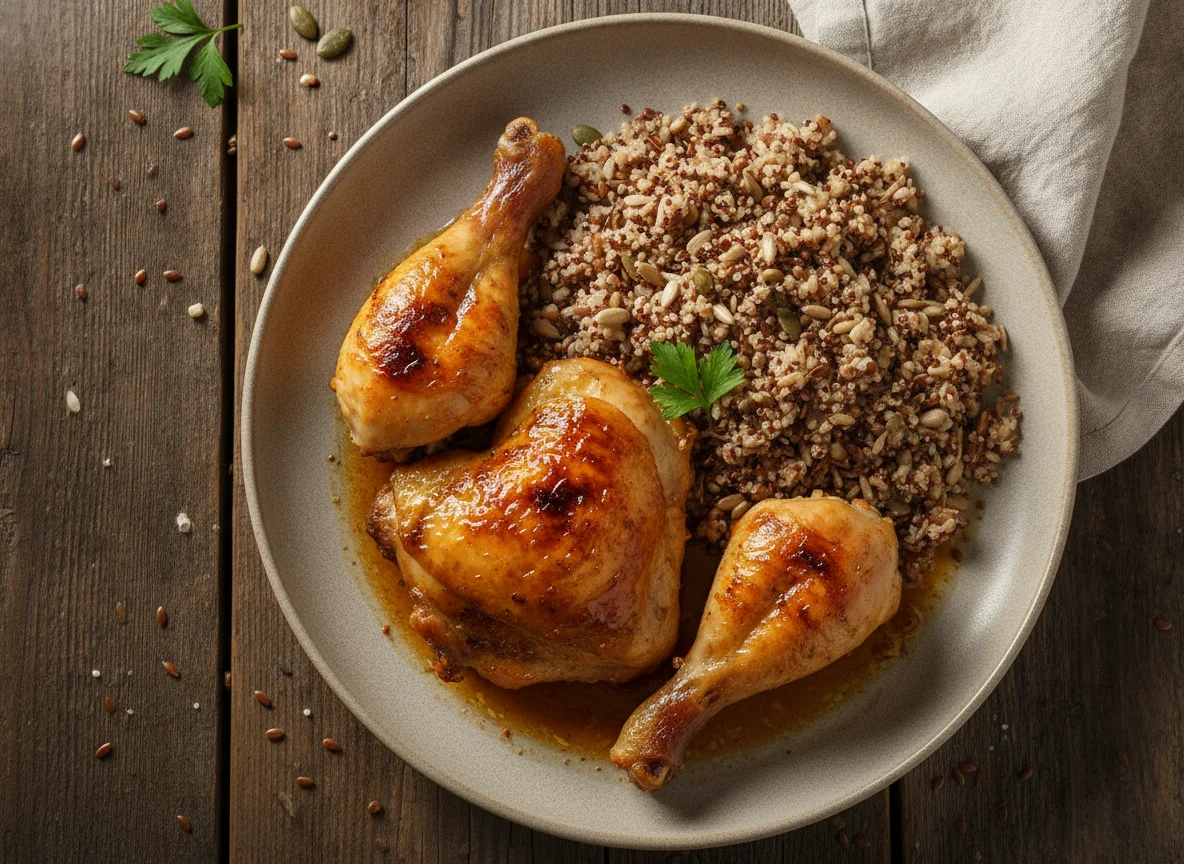 Frango assado com arroz integral e grãos photo