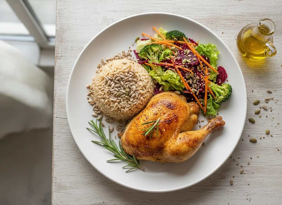 Frango assado com arroz integral e salada de sementes photo