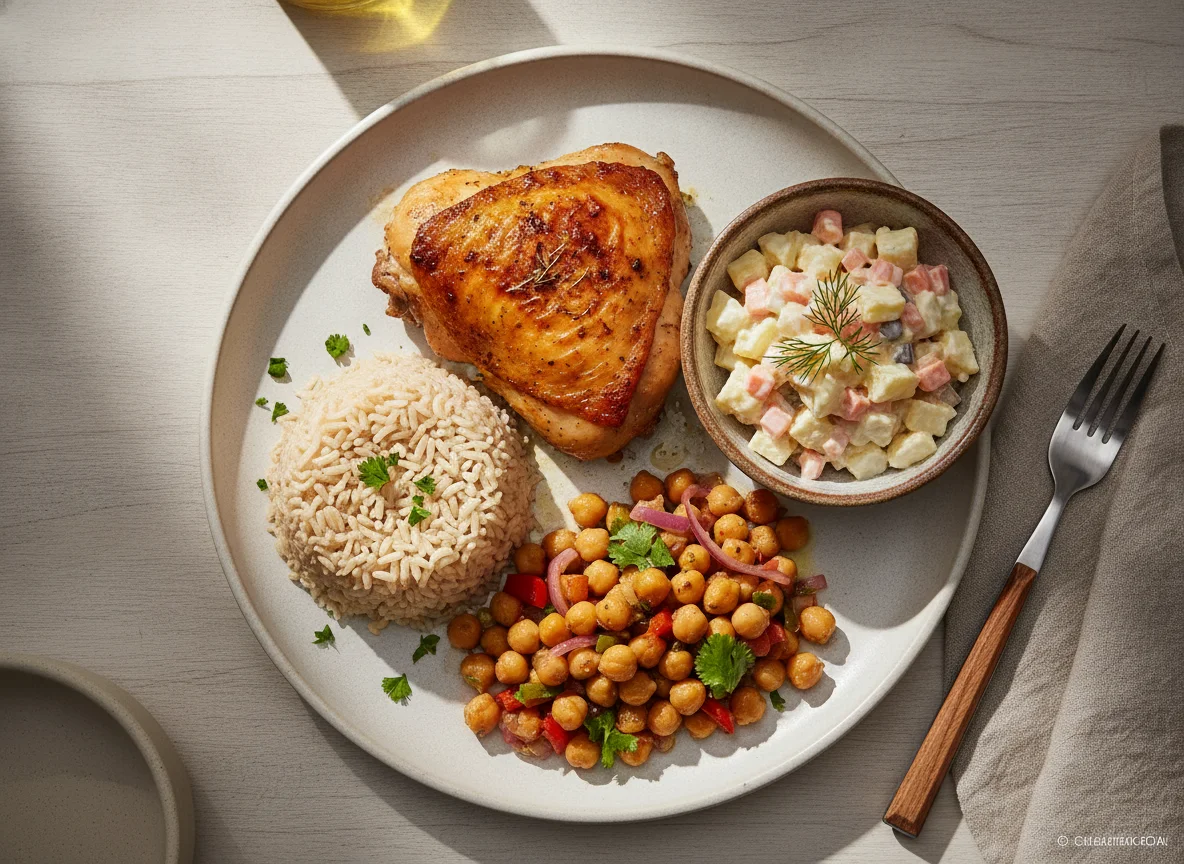 Frango assado com arroz integral, salada de maionese e grão-de-bico photo
