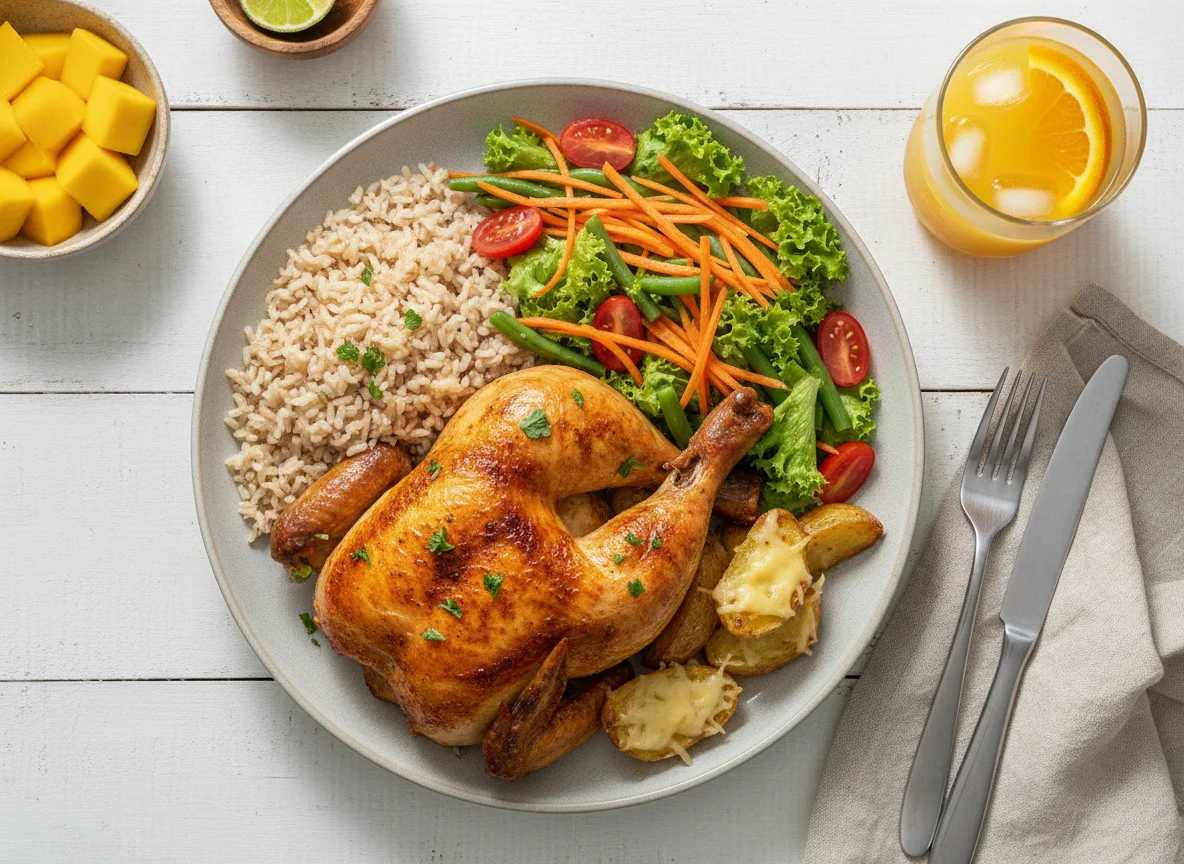 Frango assado com arroz integral, salada e suco de laranja photo