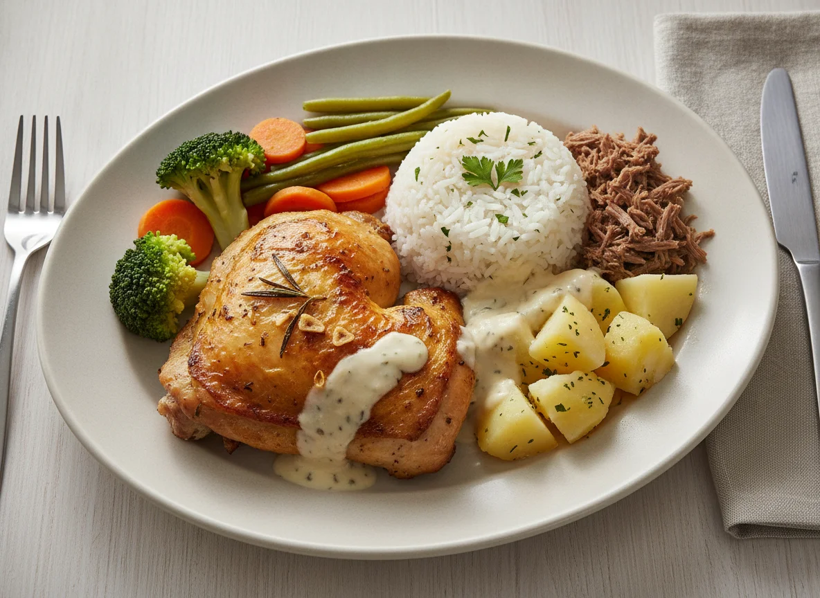 Frango assado com arroz, legumes e batatas photo