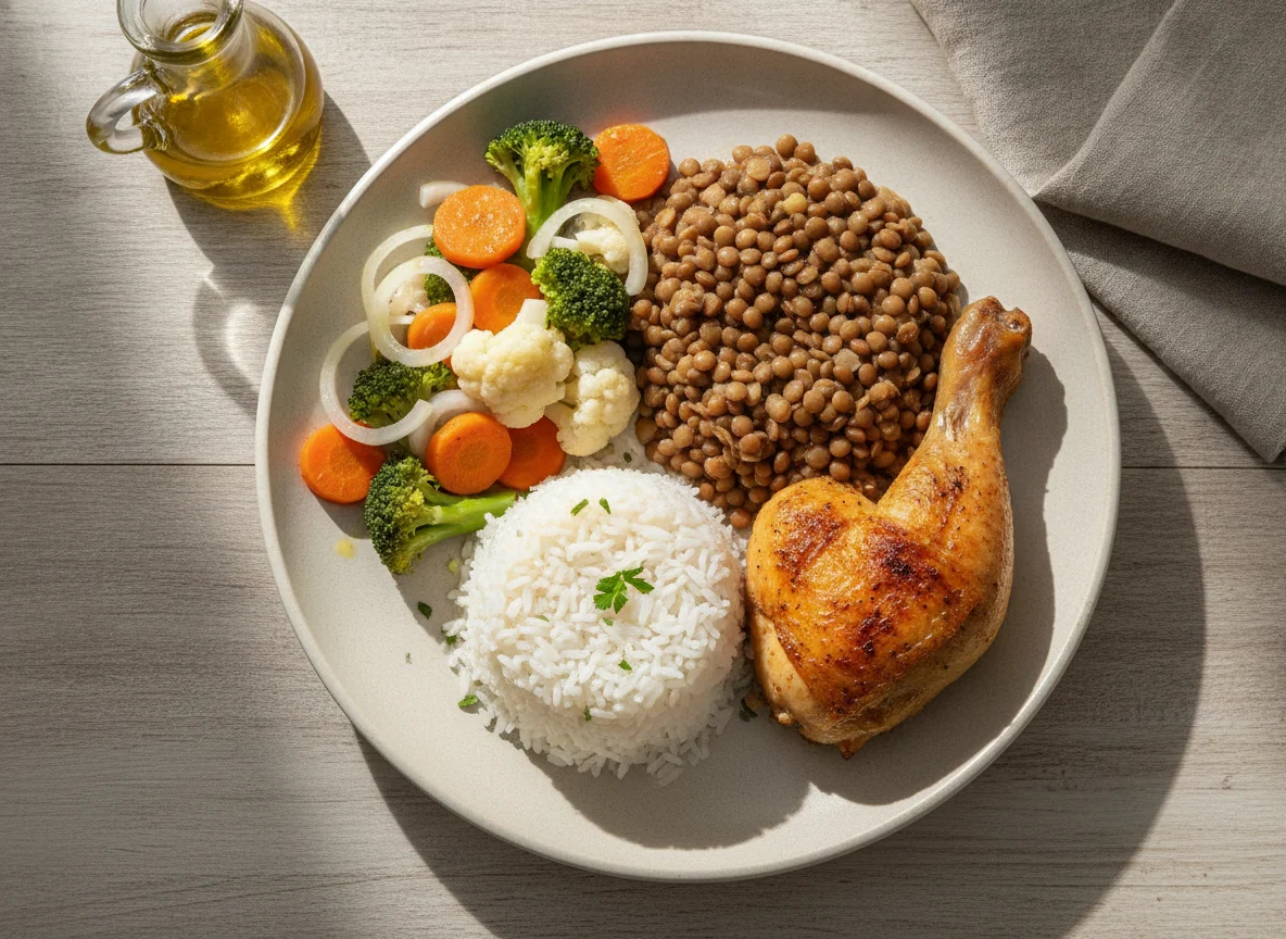 Frango assado com arroz, lentilha e salada de legumes photo