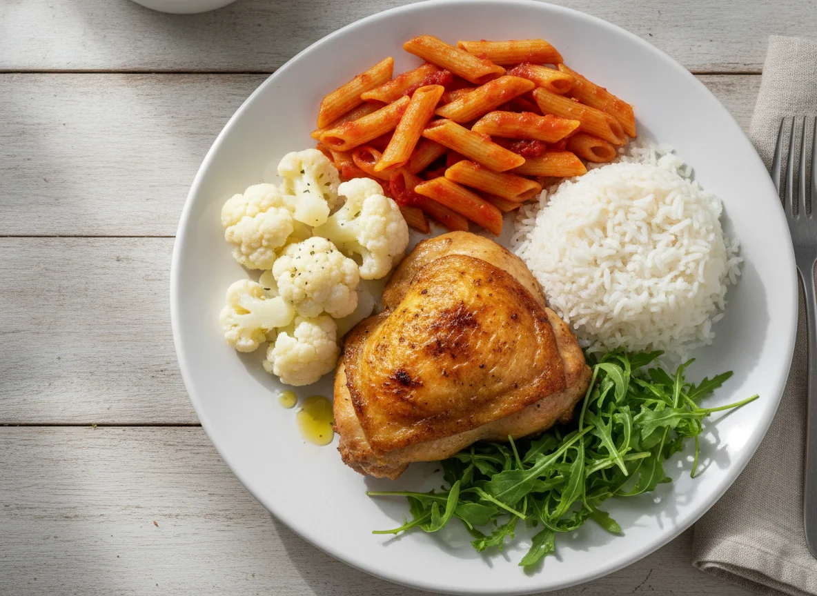 Frango assado com arroz, macarrão, couve-flor e salada photo