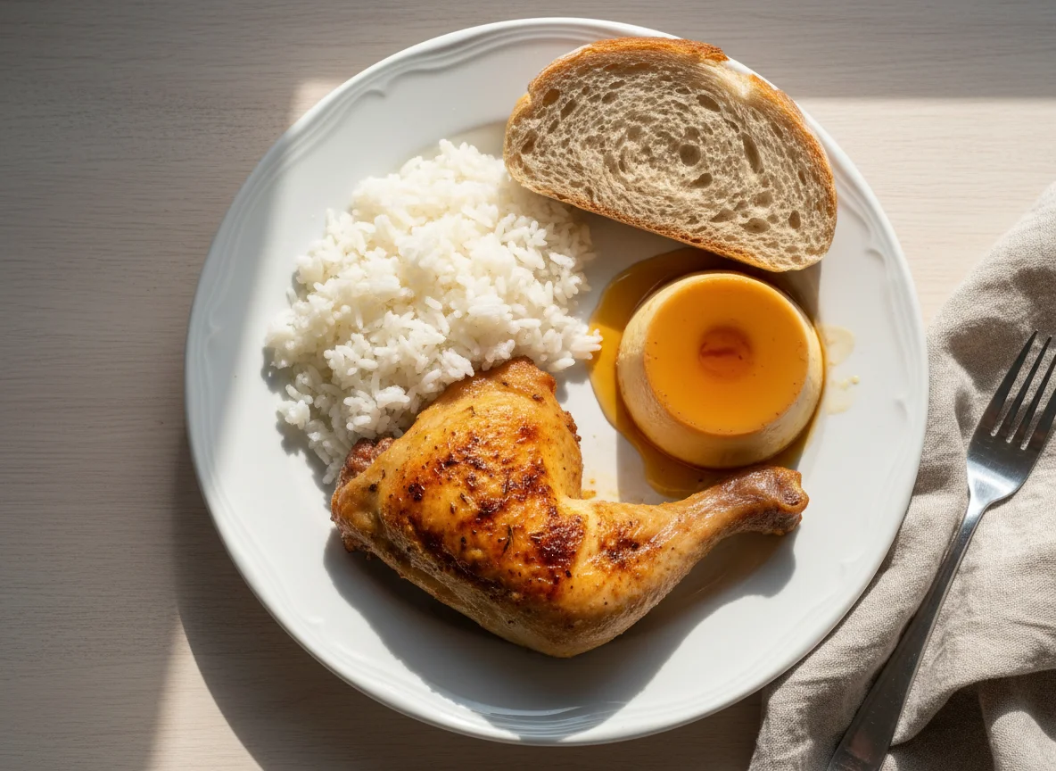Frango assado com arroz, pão e pudim photo