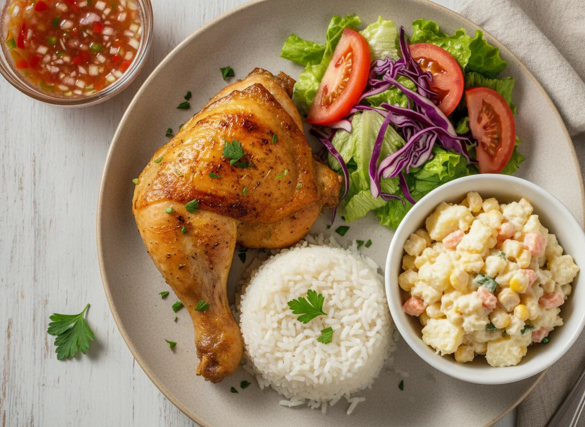Frango assado com arroz, salada de maionese e salada mista photo