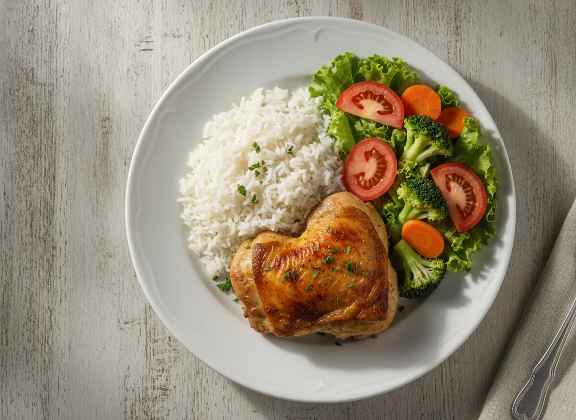 Frango assado com arroz, salada e legumes photo