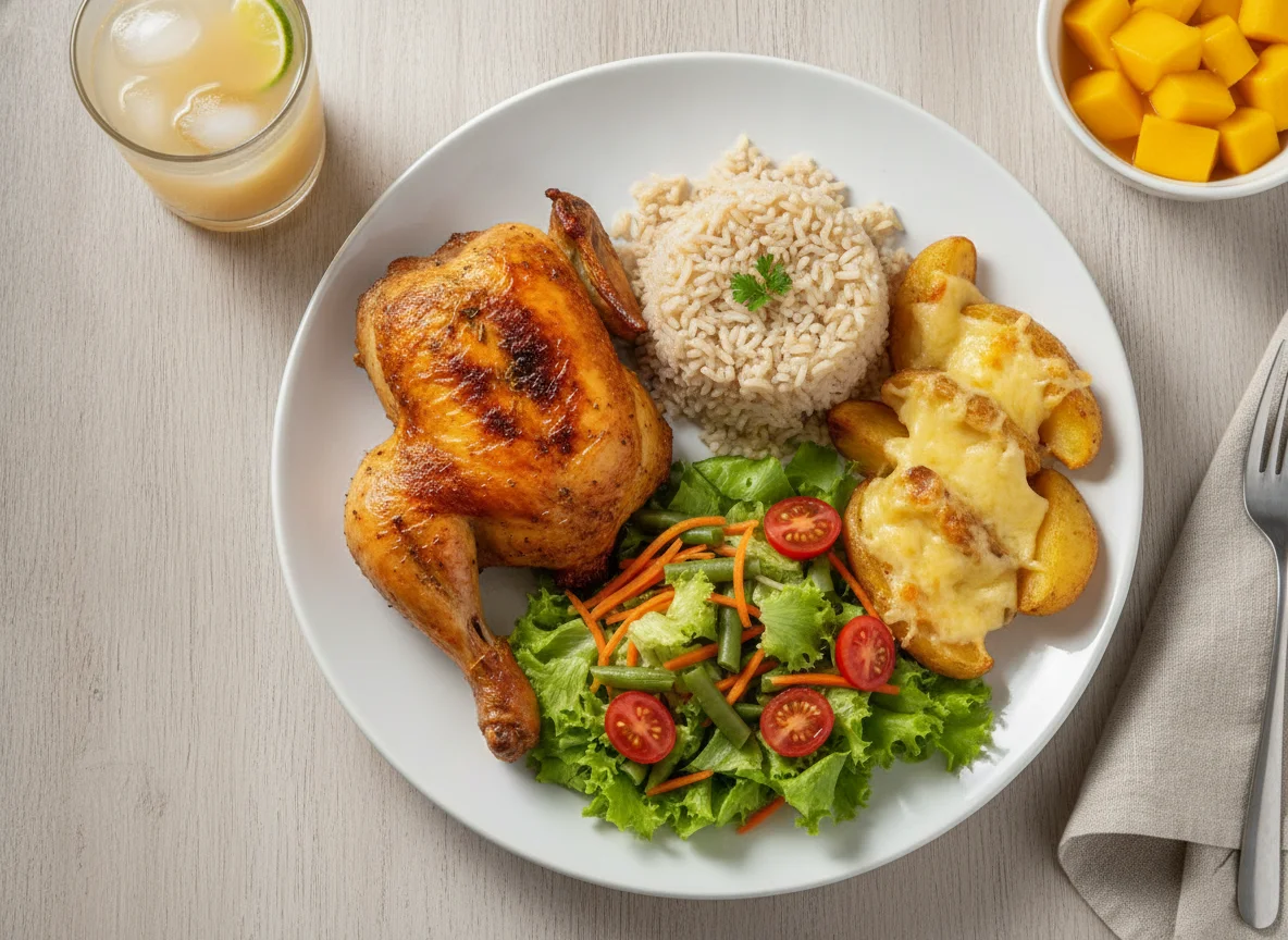 Frango assado com arroz, salada, manga e suco de caju photo