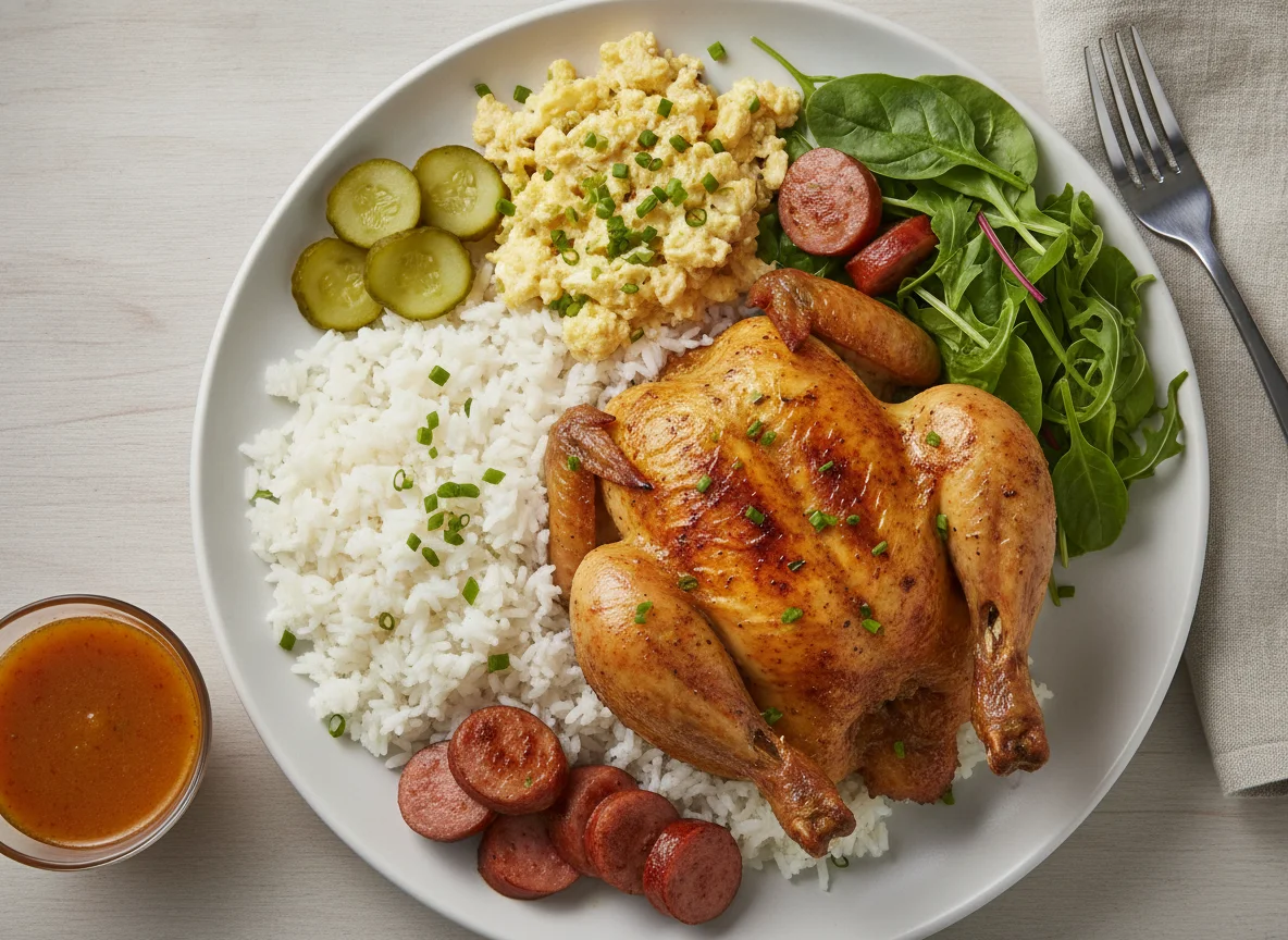 Frango assado com arroz, salsicha e acompanhamentos photo
