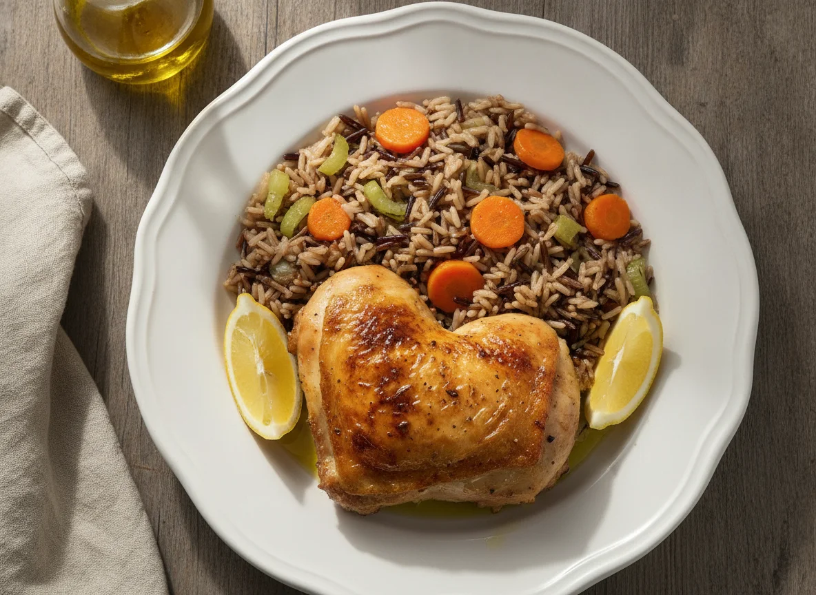 Frango assado com arroz selvagem e legumes photo