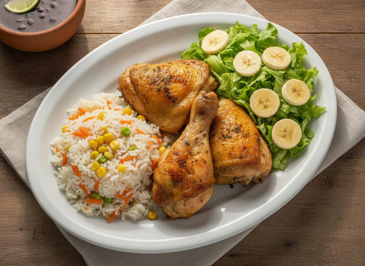 Frango assado com arroz temperado e salada photo
