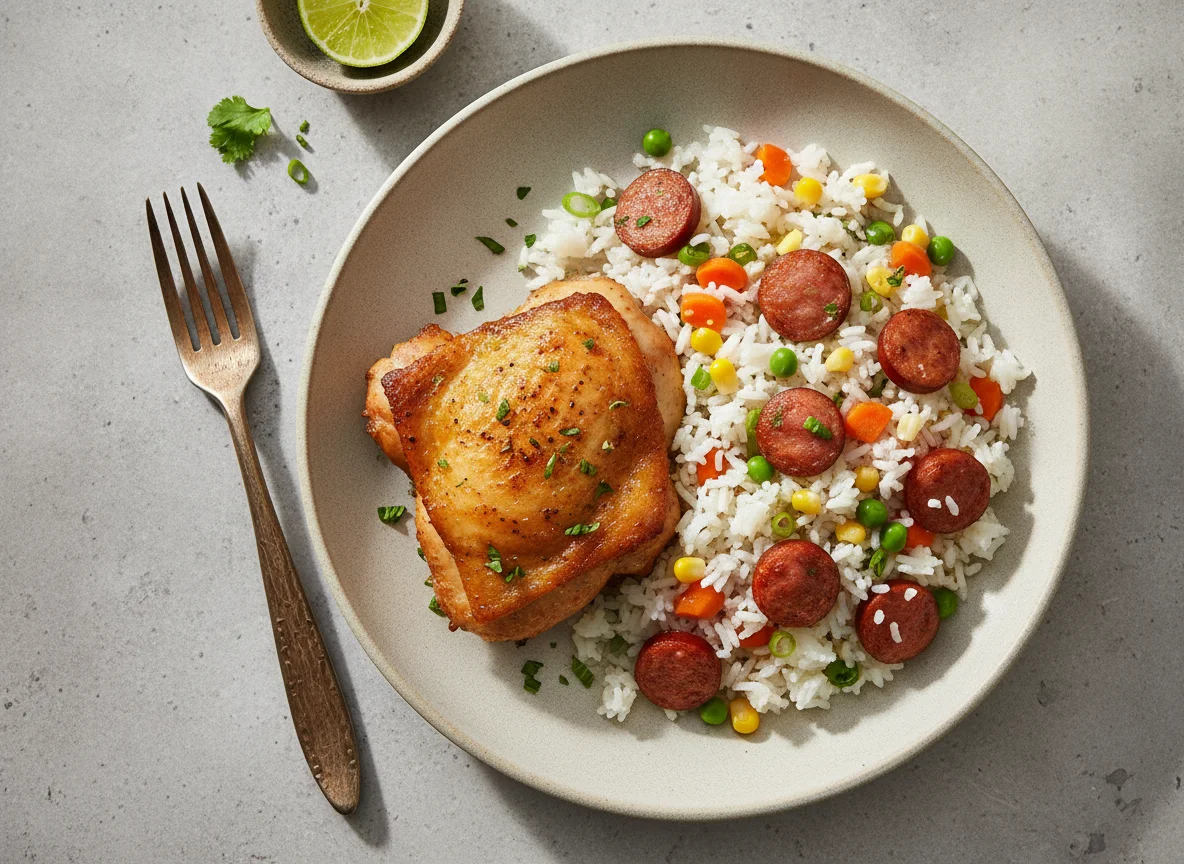 Frango assado com arroz temperado photo