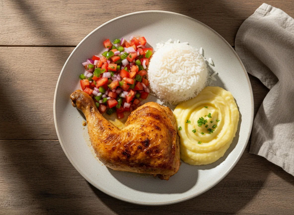 Frango assado com arroz, vinagrete e purê de batata photo