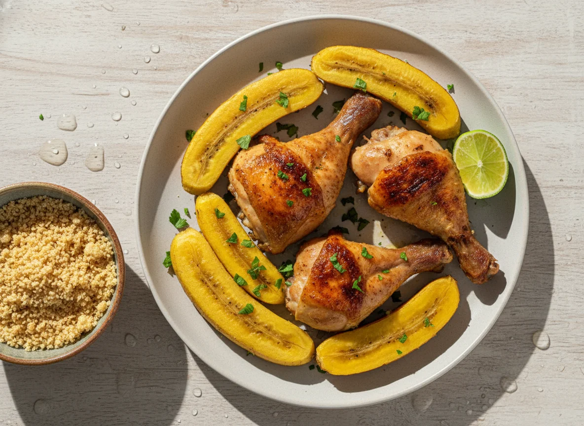 Frango assado com banana cozida photo