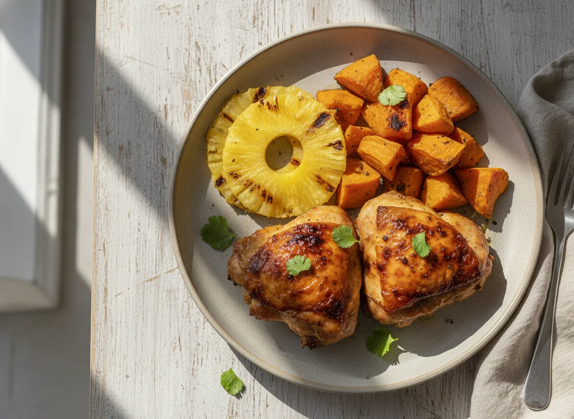 Frango assado com batata doce e abacaxi photo