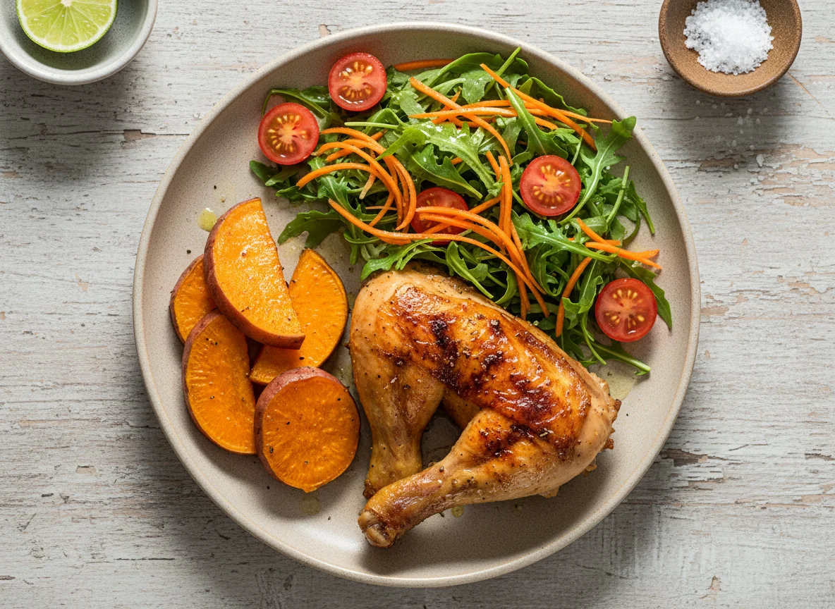 Frango assado com batata doce e salada photo
