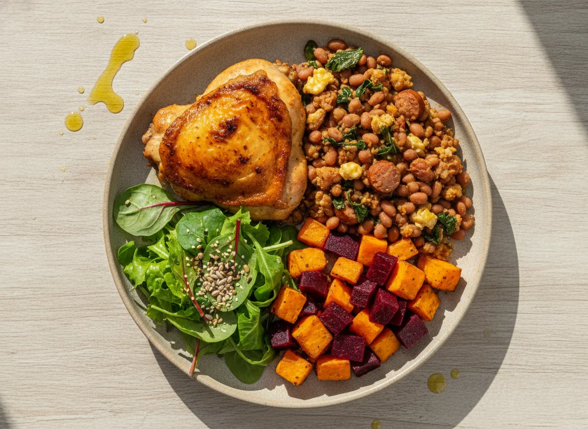 Frango assado com batata doce, feijão tropeiro e salada photo