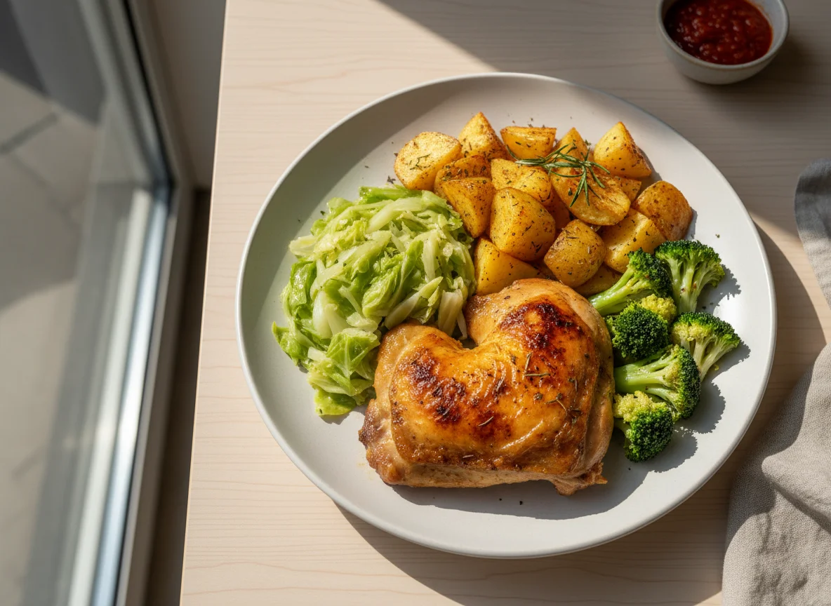Frango assado com batata e salada photo