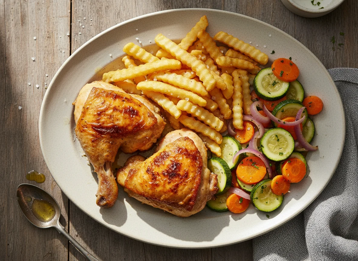 Frango assado com batata frita e legumes salteados photo
