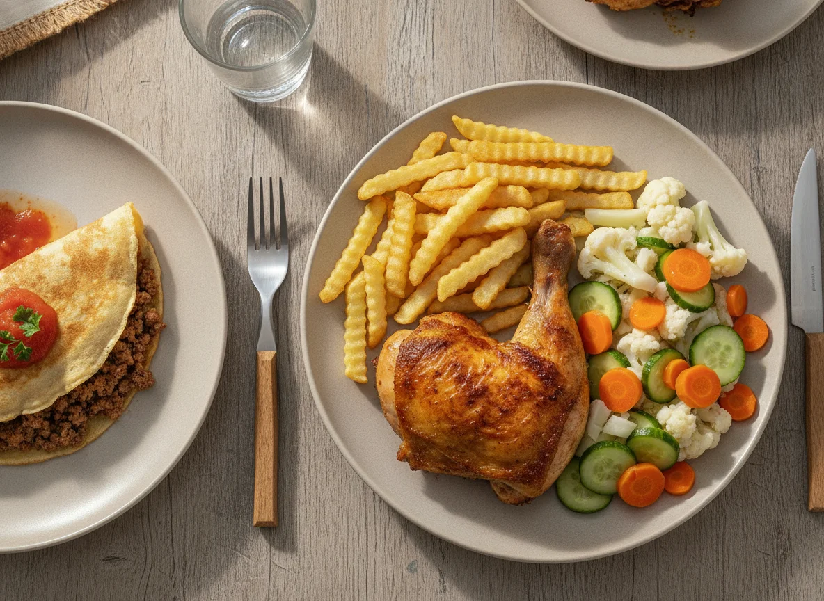 Frango assado com batata frita, panqueca de carne e salada photo