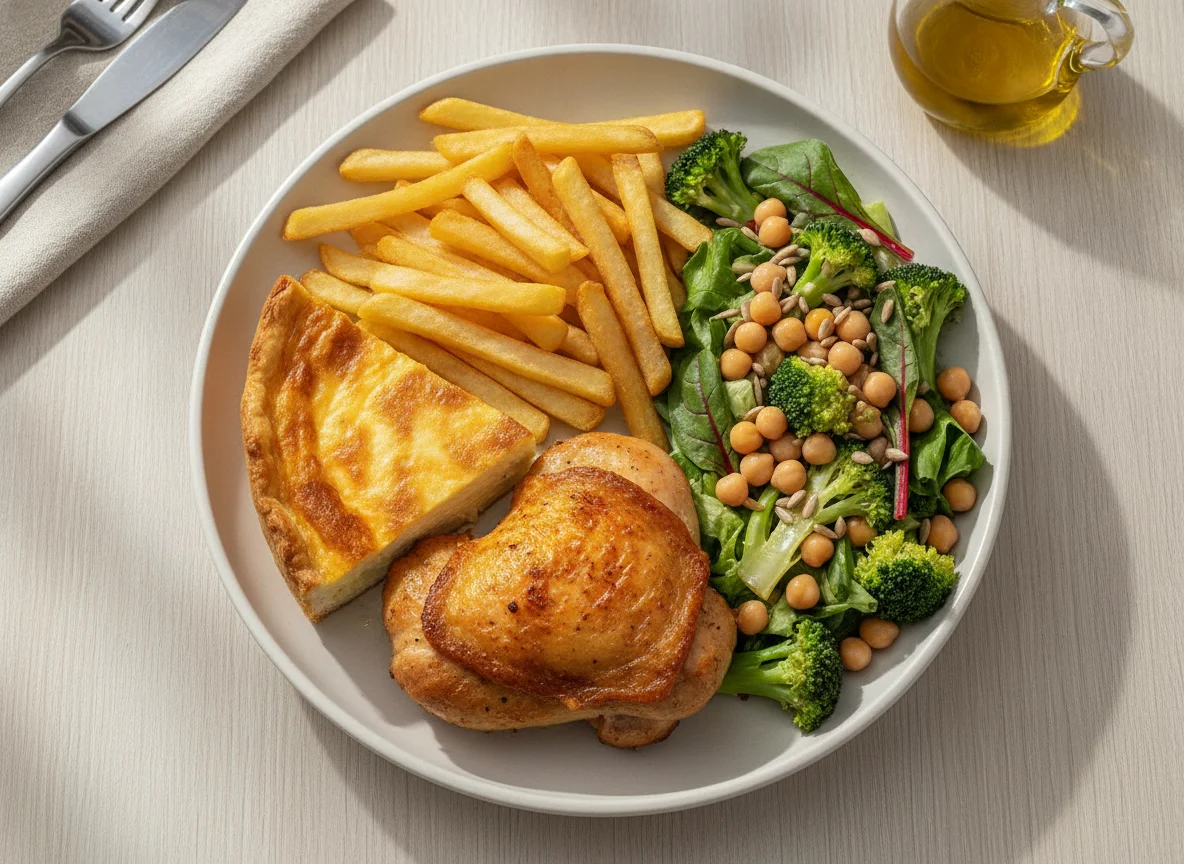 Frango assado com batata frita, quiche e salada de grão-de-bico photo