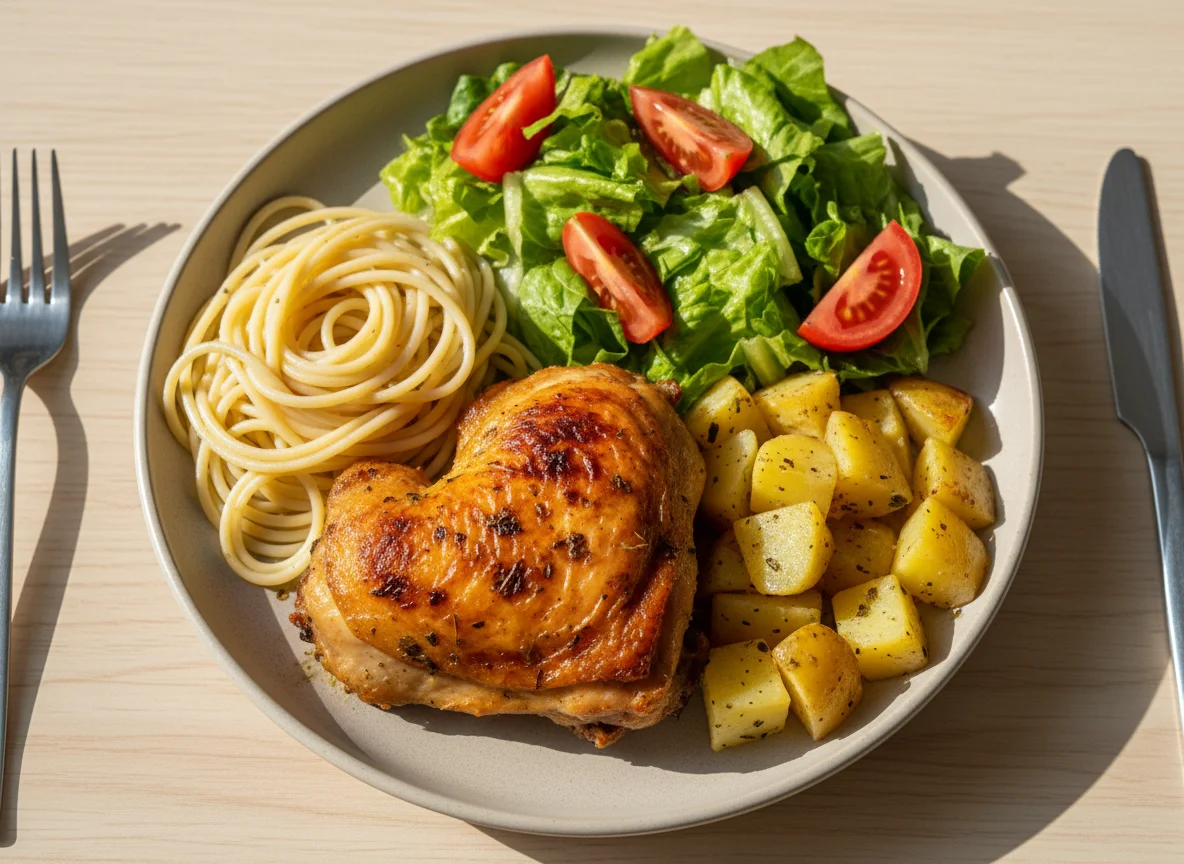 Frango assado com batata, macarrão e salada photo