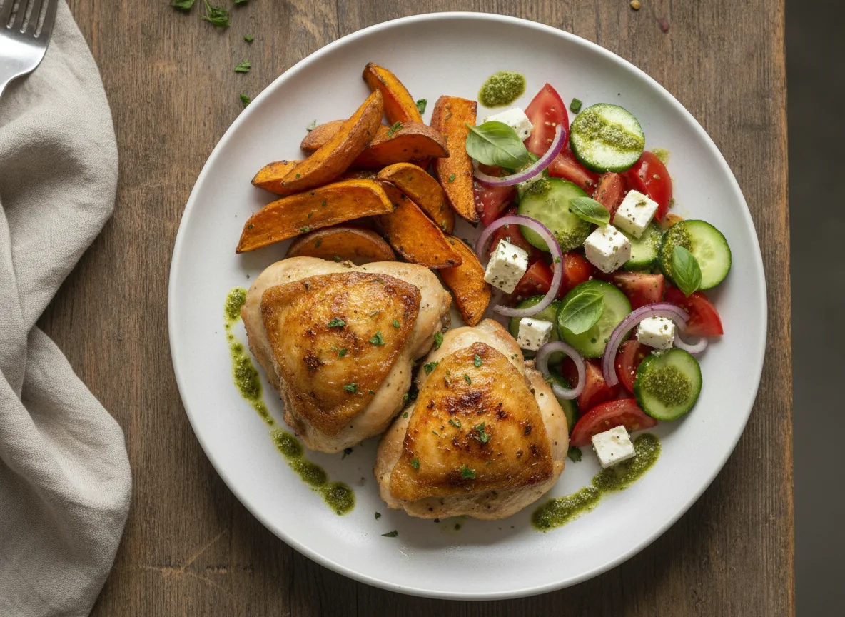 Frango assado com batata-doce e salada grega photo
