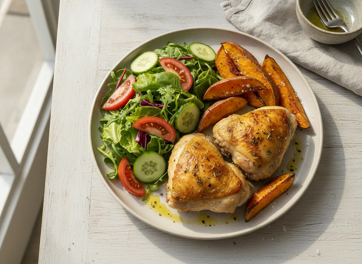 Frango assado com batata-doce e salada mista photo