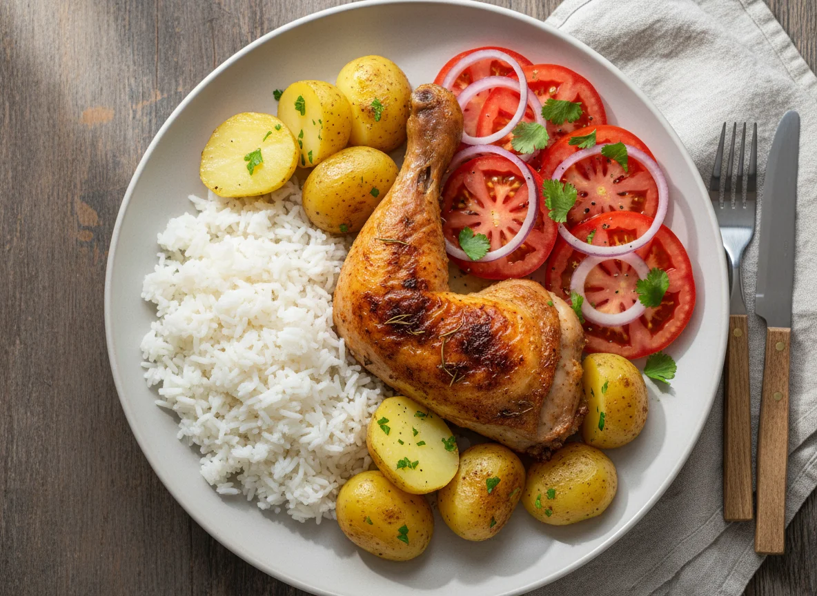 Frango assado com batatas, arroz e salada photo
