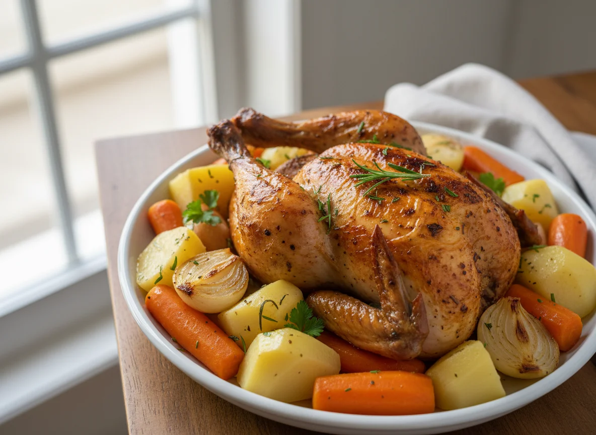 Frango assado com batatas, cenouras e cebola photo