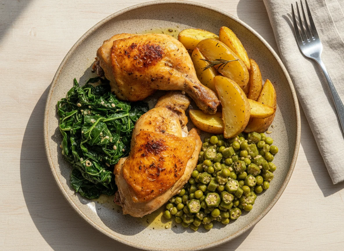 Frango assado com batatas, couve e refogado de quiabo com ervilha photo