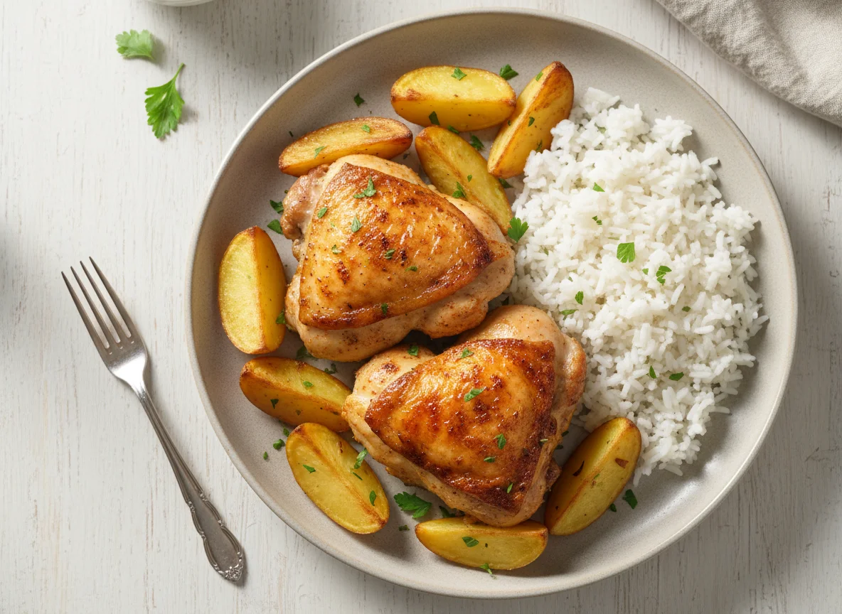 Frango assado com batatas e arroz photo
