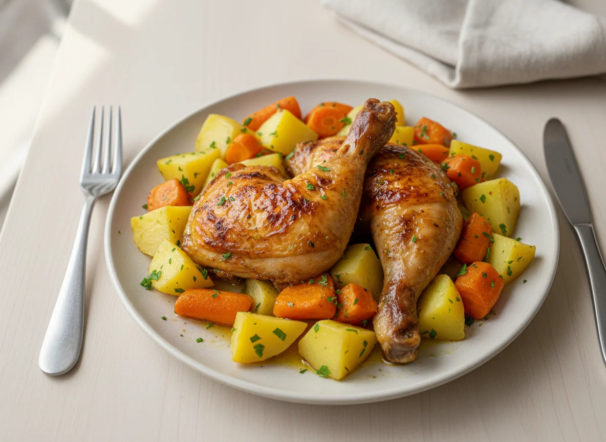 Frango assado com batatas e cenouras photo